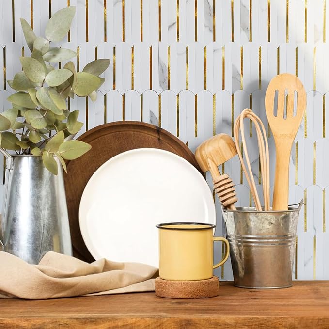 DICOFUN 10-Sheet White & Marble Look Peel and Stick Backsplash for Kitchen, PVC Stick on Backsplash Wall Tiles