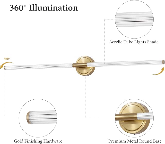 URSOLA 48" Modern LED Bathroom Light Fixtures, Golden 3CCT Dimmable Bathroom Vanity Light Over Mirror, Bathroom Vanity Bath Bar Lights with 360° Removable Acrylic Light Tube