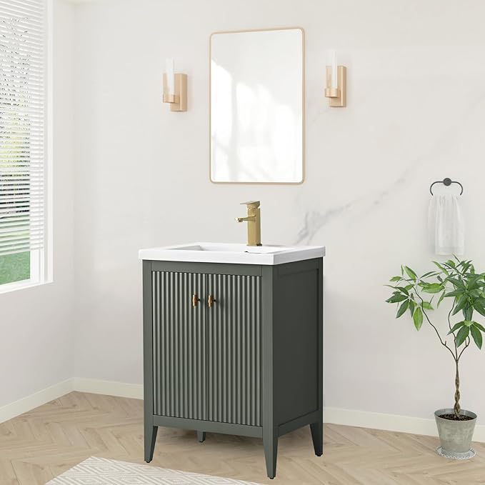 HOMEBEYOND 24" Bathroom Vanity with Ceramic Sink, Solid Wood Free-Standing Vanities Cabinet, Ceramic Top, Golden Brushed Handware & Soft Closing Door, Vintage Green