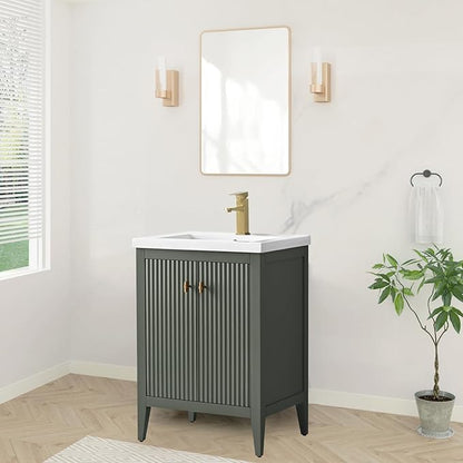 HOMEBEYOND 24" Bathroom Vanity with Ceramic Sink, Solid Wood Free-Standing Vanities Cabinet, Ceramic Top, Golden Brushed Handware & Soft Closing Door, Vintage Green