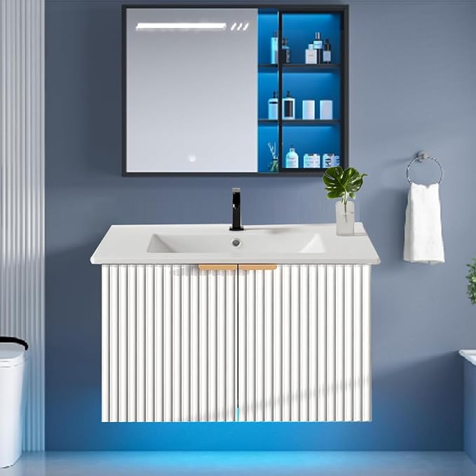 Bathroom Vanity with Sink, 30" Wall Mounted Floating Vanity Cabinet, Modern Bathroom Sinks with LED Light, Metal Handle & Double Soft-Close Doors, White