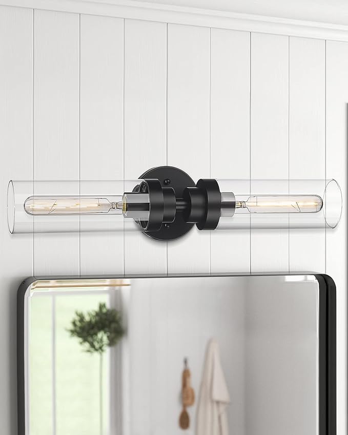 Emak 22 Inch Black Bathroom Light Fixtures Over Mirror, 2-Light Bathroom Vanity Light with Clear Glass Shade, 2 Pack Wall Sconce for Bathroom, Bedroom, Hallway, VL085-BKL-2-2PK