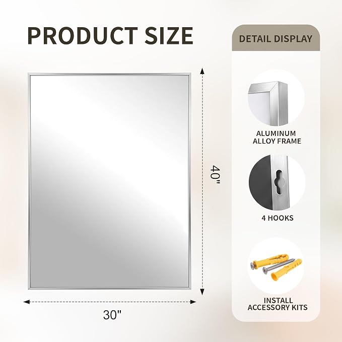 FICTOR Bathroom Vanity Mirror for Over Sink, 30" x 40", Silver | Anti-Rust Frame, Shatterproof Tempered Glass, Vertical/Horizontal Wall Mounted Mirror for Bedroom, Entryway, Living Room