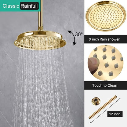 Dual Rain Shower Head System with Handheld Antique Faucet Set | Gold Finish, Multi-layer Plating, Vintage Rainfall, 3 Way Diverter Brass Valve with Trim Kit, Easy Install