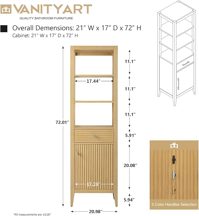 Vanity Art Vanity with Storage Cabinet & Shelves, Free-Standing Vanity with Soft-Closing Doors, Natural Oak, Golden Brushed Handware VA91-LC-NO-GB