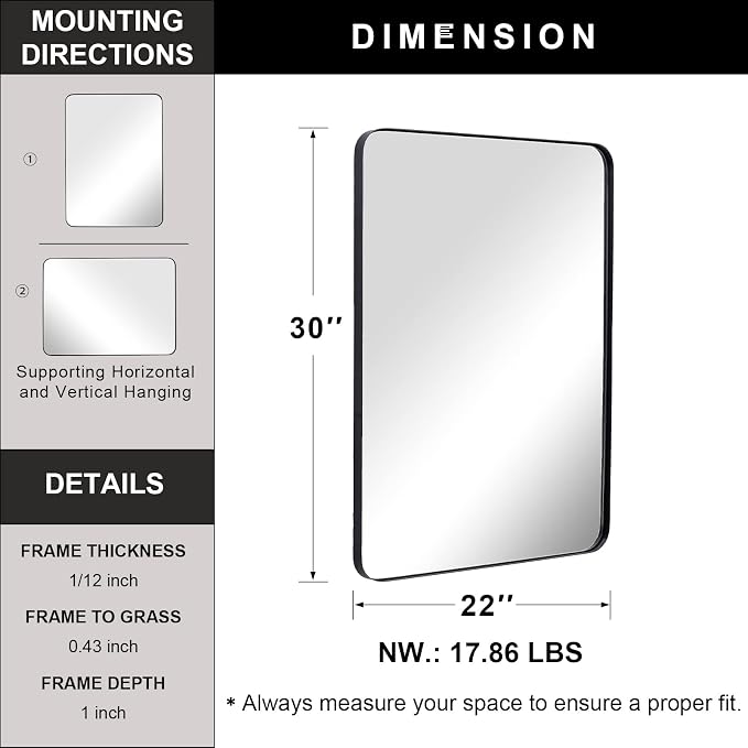Wall Mirror for Bathroom with Stainless Steel Metal Frame, 22"x30" Rectangle Rounded Corner Frame, Matte Black Finish
