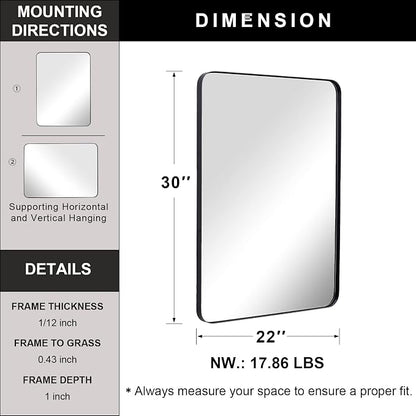 Wall Mirror for Bathroom with Stainless Steel Metal Frame, 22"x30" Rectangle Rounded Corner Frame, Matte Black Finish