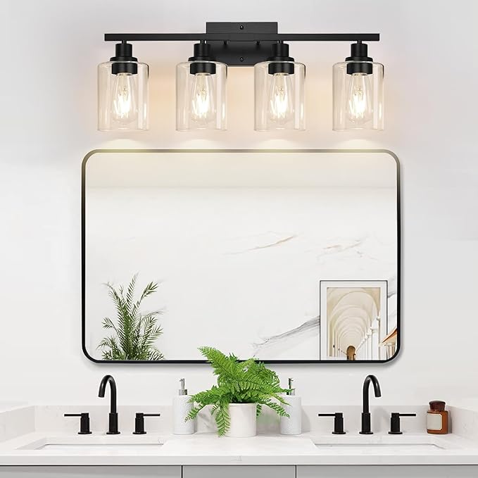 4-Light Bathroom Light Fixtures, Vanity Light with Clear Glass Shades, Matte Black Bathroom Light Fixtures Over Mirror, Modern Bathroom Wall Lamp for Mirror Living Room Cabinet Bedroom