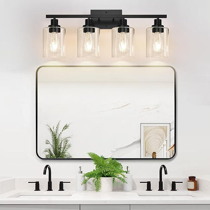 4-Light Bathroom Light Fixtures, Vanity Light with Clear Glass Shades, Matte Black Bathroom Light Fixtures Over Mirror, Modern Bathroom Wall Lamp for Mirror Living Room Cabinet Bedroom