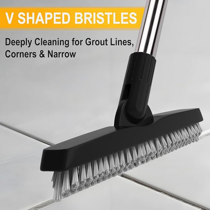 2 Pack Grout Brush with Long Handle, Swivel Cleaning Grout Line Scrubber - Extendable Durable Handle Grout Cleaner Brush for Bathroom,Tile,Baseboard,Walk in Shower,Corner & Narrow Space (Black)