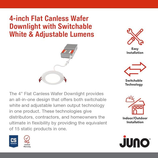Juno LED Recessed Lights 4 Inch Round Baffle Wafer Downlight, 5-in-1 Switchable White Color Temperature, Adjustable Brightness, 120 Volts, 4-Inch Flat Trim, Matte White | (Pack of 12)