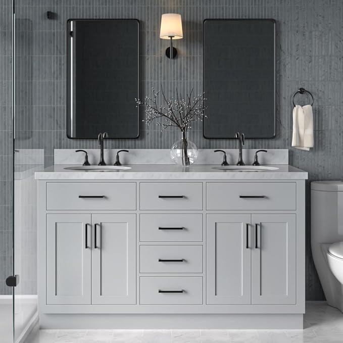 ARIEL Hepburn 60-inch Bathroom Vanity with Sink,Solid Wood, 1.5-inch Italian Carrara Marble Countertop & Backsplash, Double Oval Porcelain Sink, 4 Soft Closing Doors, 6 Dovetail Drawers, Grey