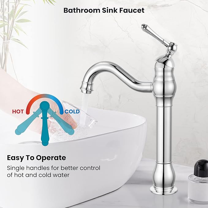 gotonovo Vessel Sink Faucet 360° Swivel Spout Single Handle Tall Bathroom Faucet 1 Hole Farmhouse Lavatory Washbasin Mixer Tap Matching Supply Hoses, Without Pop Up Drain, Polish Chrome