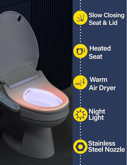Bidet Toilet Seat, Electric Smart Heated Seat with Slow Closes, Warm Water, Dryer, Vortex Wash, Rear and Front Wash, Night Light, White, 208 (Elongated)