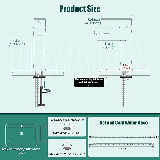 Heyalan Bathroom Faucet Single Handle 1 Hole SUS304 Stainless Steel Deck Mount Lavatory Single Switch Basin Sink Faucet with Pop Up Drain and Hot and Cold Water Mixer Brushed Nickle