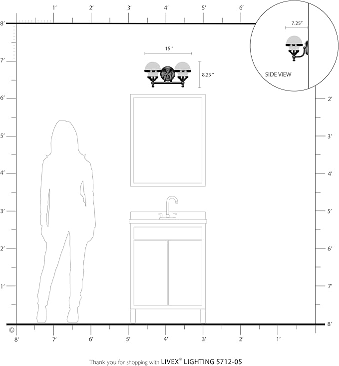 Livex Lighting 5712-05 Transitional Two Light Bath Vanity from Oldwick Collection Finish, Polished Chrome 15 x 7.25 x 8.25