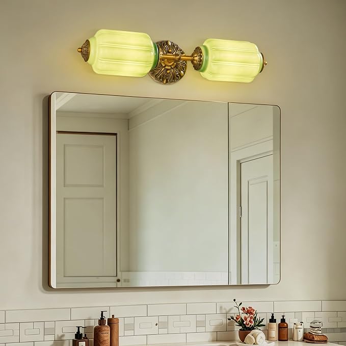 2-Light Vintage Bathroom Light Fixtures, Milk Glass Retro Vanity With Light Green Shade & Gold Carved Metal, Hardwired Antique Wall Sconce For Living Room, Bedroom, Dining Room, Kitchen (Green)