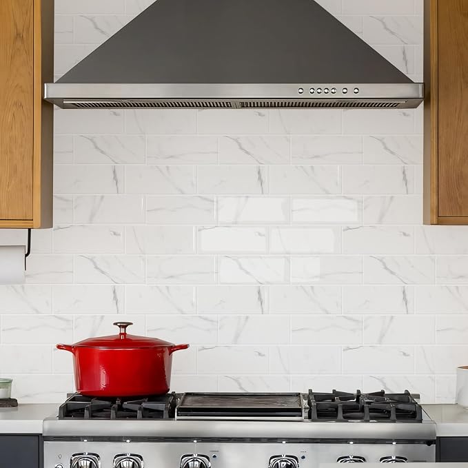 STICKGOO 10-Sheet Subway Peel and Stick Backsplash Tiles Carrara White | Waterproof 3D PVC wall tiles with strong adhesive, extra thick for kitchen backsplash and bathroom walls