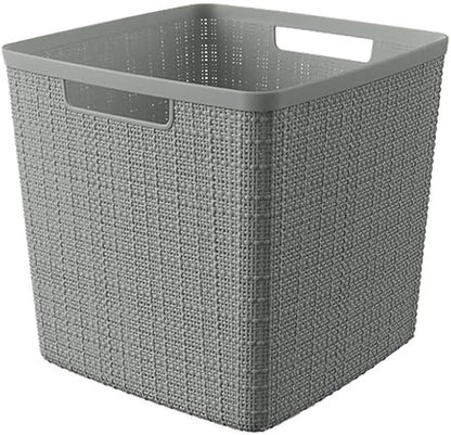 Curver Set of 4 Large Cube 17L Jute Decorative Plastic Organization and Storage Baskets - Perfect Bins for Home Office, Closet Shelves, Kitchen Pantry and All Bedroom Essentials, Grey
