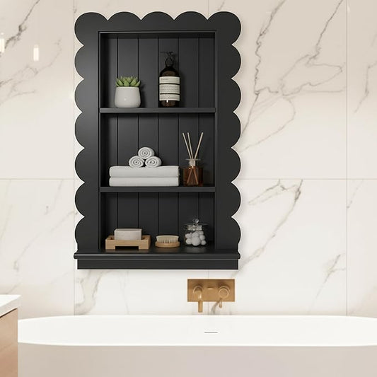 Royxen 14"x18" Recessed Medicine Cabinet, 2-Tier Wooden Bathroom Wall Cabinets Without Mirror,Scalloped Large Medicine Cabinet Niche for Bathroom Storage Organizer (Black, 18 x 24 Inch)