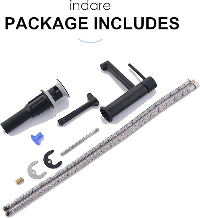 Bathroom Faucet, Indare Single Hole Brass Matte Black Bathroom Faucet with Pop-up Sink Drain Assembly and Faucet Supply Hose