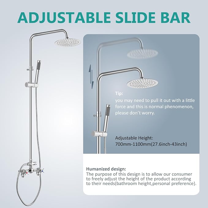 Aolemi Outdoor Shower Kit,8 Inch Rain Head and Handheld,Polish Chrome | 2-Handle Hot and Cold Control, Adjustable Height, 6-Inch Center Valve, 59-Inch Hose, Winter Drainage Outdoor Shower Fixtures