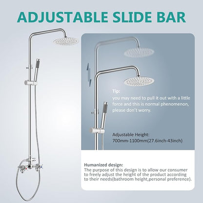 Aolemi Outdoor Shower Kit,8 Inch Rain Head and Handheld,Polish Chrome | 2-Handle Hot and Cold Control, Adjustable Height, 6-Inch Center Valve, 59-Inch Hose, Winter Drainage Outdoor Shower Fixtures