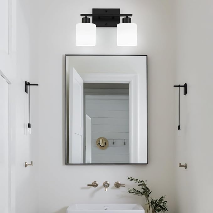 WILON Black Bathroom Light Fixtures Over Mirror, 2 Light Vanity Light with Milky White Glass Shades, Modern Bathroom Sconces, Wall Lamp for Living Room Bedroom Kitchen