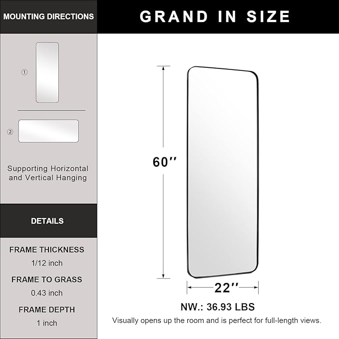 22" x 60" Full Length Wall Mirror, Large Black Mirror for Bathroom, Rounded Corner Rectangle Body Mirror for Floor and Leaning