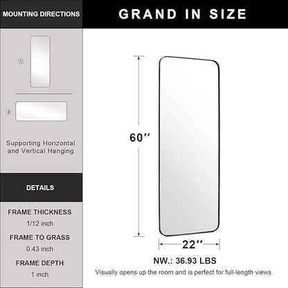 22" x 60" Full Length Wall Mirror, Large Black Mirror for Bathroom, Rounded Corner Rectangle Body Mirror for Floor and Leaning