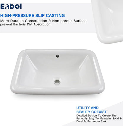 Enbol 22" x 15" Drop in Bathroom Sink White Rectangle Ceramic Sink Semi Recessed Vessel Sink Bathroom with Overflow O2215