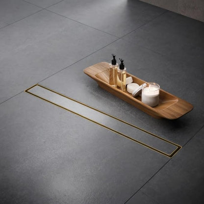 Linear Shower Floor Drain, Brushed Gold 40 Inch 304 Stainless Steel Bathroom Drains Kit, Rectangular Shower Trench Drain with Reversable Tile-in Pattern Drain Cover & Hair Catcher