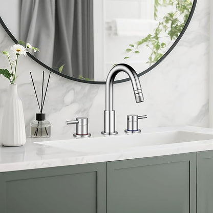 Pull Down Bathroom Faucet for Sink 3 Hole,8 inch Widespread Chrome Bathroom Sink Faucet with Pop Up Drain, Water Supply Hoses