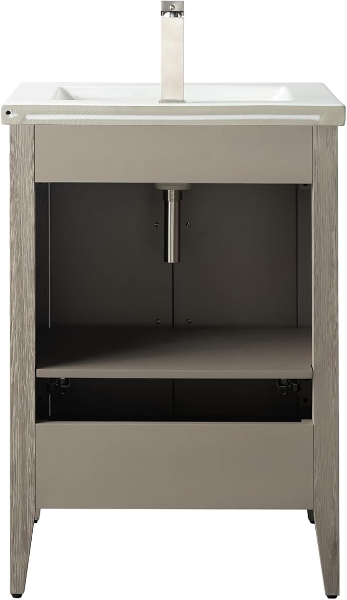 Vanity Art 24 inch Bathroom Vanity with Single Sink & Ceramic Top, Vanity Cabinet with Soft-Closing Doors, Solid Wood Frame, Driftwood Gray, VA9024-DG-GB1