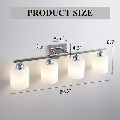 Mecgirn Stainless Steel Milk Glass Vanity Lights for Bathroom, 4 Light Chrome Bathroom Light Fixtures Over Mirror, Ceramic E26 Sockets Wall Mounted