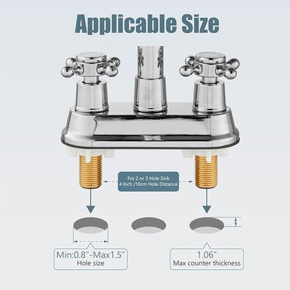 Aolemi 4 Inch Centerset Bathroom Sink Faucet Vintage 2 Cross Handle RV Mixer Tap Basin Vanity Lavatory Utility for Sink 3 Hole Include Hoses Pop Up Drain Faucet Handle Without Label Polish Chrome