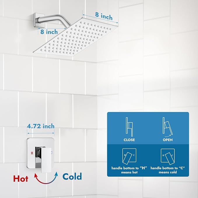 Polished Chrome Shower Faucet Set, 8 Inch Rain Shower System with Valve | Complete Rain Shower Set with Valve, Single Handle Wall Mount Design