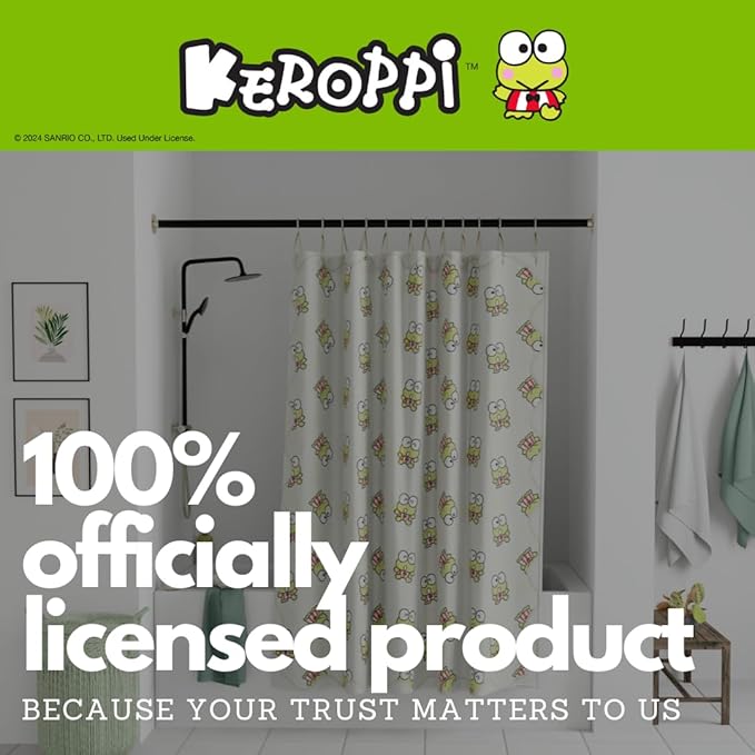 Sanrio Keroppi 13-Piece Shower Curtain Set, 72 x 72 Inch Fabric Curtain with Hooks, Bathroom Decor, Machine Washable, (100% Officially Licensed Product) by Franco Collectibles