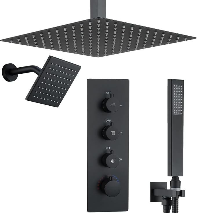 16" Thermostatic Dual Rainfall Head Matte Black Shower System | Ceiling Mounted Full Body Shower Faucet Set with Thermostatic Valve for Couples/ 2-Person，16“+6”Shower Head & handheld