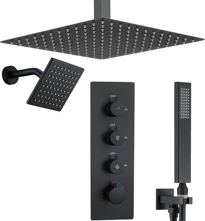 16" Thermostatic Dual Rainfall Head Matte Black Shower System | Ceiling Mounted Full Body Shower Faucet Set with Thermostatic Valve for Couples/ 2-Person，16“+6”Shower Head & handheld