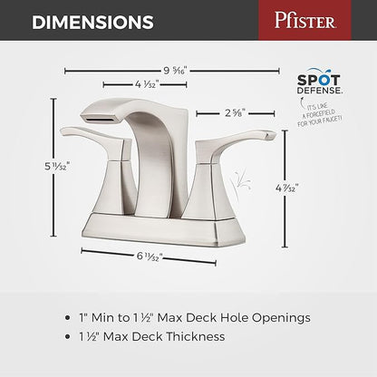 Pfister Venturi Bathroom Sink Faucet, 4-Inch Centerset, 2-Handle, 3-Hole, Spot Defense Brushed Nickel Finish, LF048VNGS