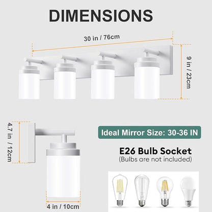 IZORRO Bathroom Vanity Light Fixture, 4-Light 30 Inch White Bathroom Light Fixtures Over Mirror, with White Glass Shade, Modern Farmhouse Vanity Lights, Rustic Restroom Lighting Fixtures
