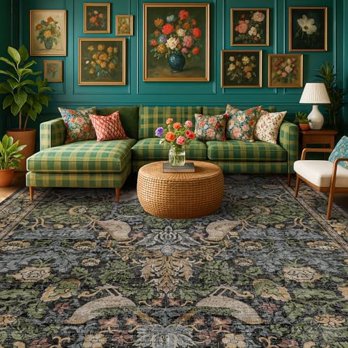 Hazo Haus Washable Living Room Rug 7x9 - Dark Floral Nature Rugs for Bedroom, Dining Room Kitchen Table Rug for Under Table, Office, Stain Resistant Non-Slip Large - Brown/Dark Green