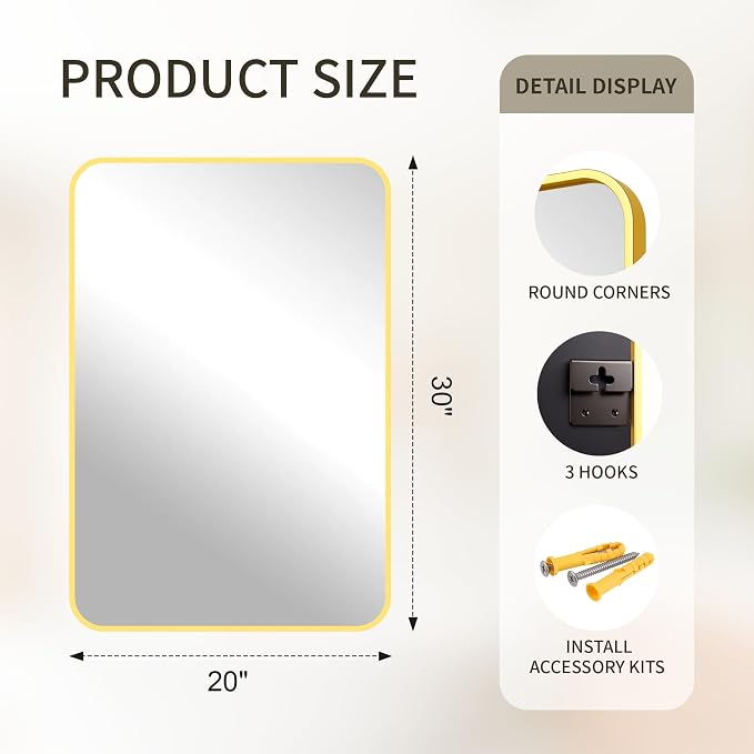 FICTOR Bathroom Mirror for Over Sink, 20"x30" Vanity Mirror for Wall, Gold | Shatterproof Tempered Glass, Anti-Rust Frame, Vertical/Horizontal Mounting, Wall Mirror for Bedroom, Living Room, Entryway