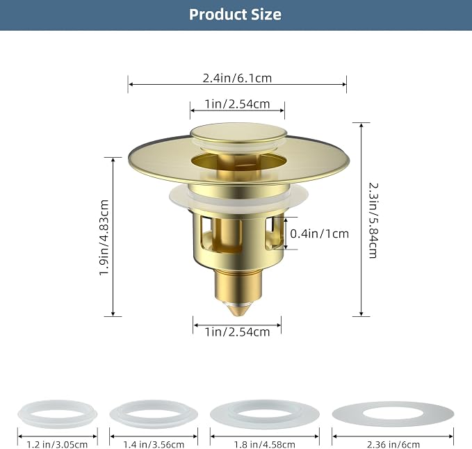 Hibbent All Metal Universal Bathroom Sink Stopper for 1.1''~2.3'' Basin, Pop Up Sink Drain Strainer, Brass Bullet Core Push Type Stopper, Stainless Steel Anti Clogging Drain Filter, Brushed Gold