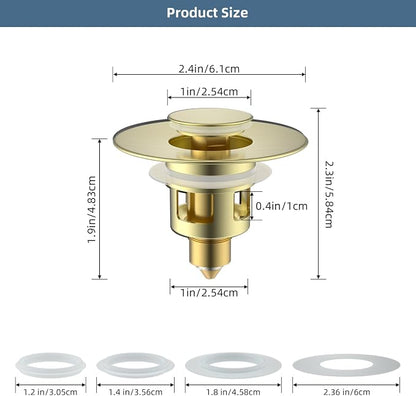 Hibbent All Metal Universal Bathroom Sink Stopper for 1.1''~2.3'' Basin, Pop Up Sink Drain Strainer, Brass Bullet Core Push Type Stopper, Stainless Steel Anti Clogging Drain Filter, Brushed Gold