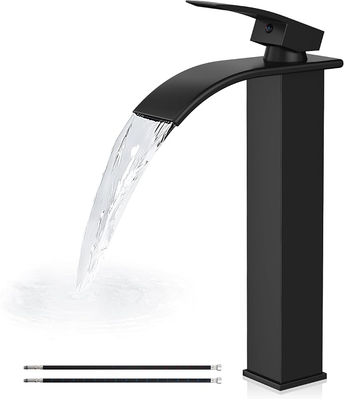 Airuida Vessel Sink Faucet, Matte Black Tall Waterfall Bathroom Faucet | Single Handle,Tall Bathroom Faucet 1 Hole,Vanity Faucet,without Drain,Bowl Bathroom Faucet