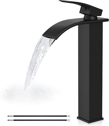 Airuida Vessel Sink Faucet, Matte Black Tall Waterfall Bathroom Faucet | Single Handle,Tall Bathroom Faucet 1 Hole,Vanity Faucet,without Drain,Bowl Bathroom Faucet