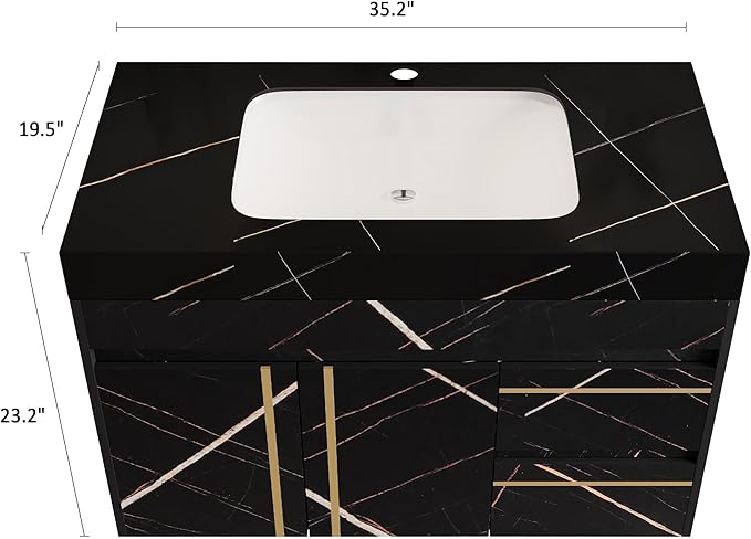 36 inch Modern Floating Bathroom Vanity with Ceramic Sink, Wall Mounted Bathroom Cabinet with Faux Marble Countertop, Soft Closing Doors & 2 Storage Drawers for Small Space, Black