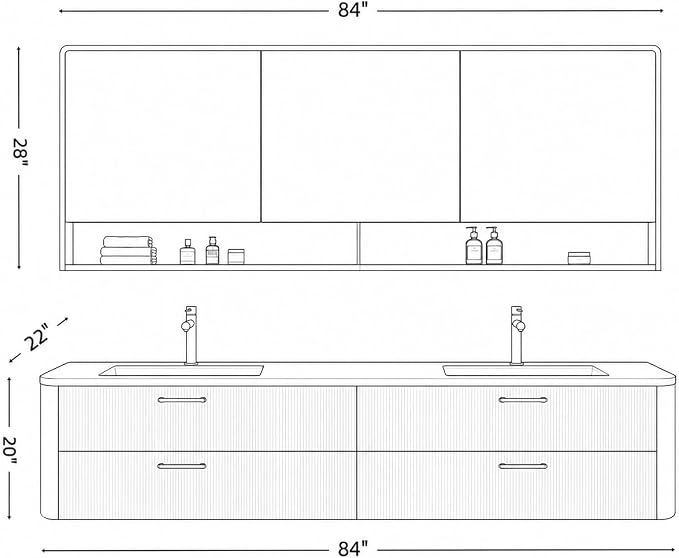 84 in Double Bathroom Vanity with Sinks - Modern Floating Bathroom Vanity with Solid Wood Cabinet, Anti-Fog Mirror and Integrated Stone Sinks | Wall Mounted Design | Ample Storage